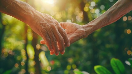 Caregiver, carer hand holding elder hand with blurred nature background. Euthanasia Philanthropy kindness to disabled old people concept. - obrazy, fototapety, plakaty