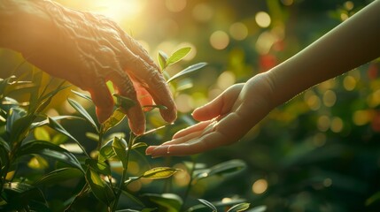 Caregiver, carer hand holding elder hand with blurred nature background. Euthanasia Philanthropy kindness to disabled old people concept. - obrazy, fototapety, plakaty