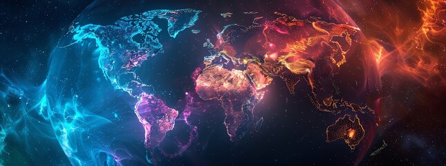 black solid background, a world neon lighted world in middle