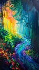 Capture a close-up shot, in oil, of a stock market graph transforming into a mystical forest; emphasize the vibrant colors intertwining