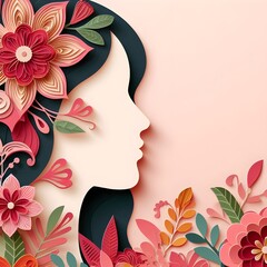 Illustration of face and flowers style paper cut  for international women's day