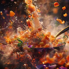 Capture a close-up shot of mythical culinary delights in impressionistic style, using innovative lighting to bring out their magical essence, in digital rendering techniques