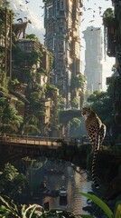 Obraz premium Capture a detailed, photorealistic scene of a futuristic cityscape seamlessly blending with the natural habitat of exotic wildlife Utilize digital rendering techniques to showcase the interaction of a