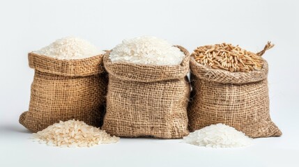Collection of Thai rice in brown small sack. Studio shot isolated on white background