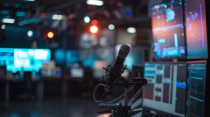 A hazy outoffocus room filled with monitors and microphones illuminated by the glowing screens and soft overhead lighting of the broadcasting studio. . - obrazy, fototapety, plakaty