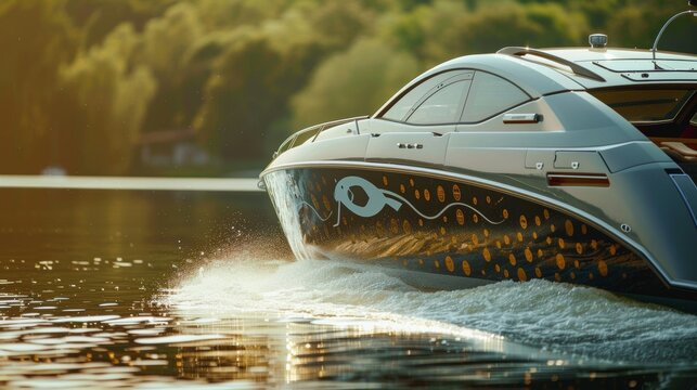 A closeup shot of a sleek and modern biofuel boat ting through the water leaving a small wake behind it. The boat is adorned with ecofriendly decals and symbols representing the progressive .