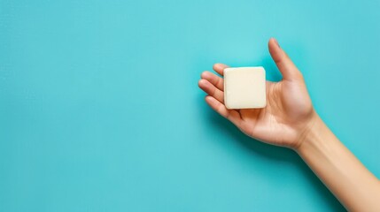 Female hand with soap bar on blue background. Banner for World Hand Hygiene Day - obrazy, fototapety, plakaty