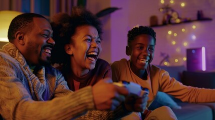 A family engaging in a multiplayer video game in the living room, their expressions ranging from intense concentration to bursts of laughter, highlighting gaming as a bonding activity.