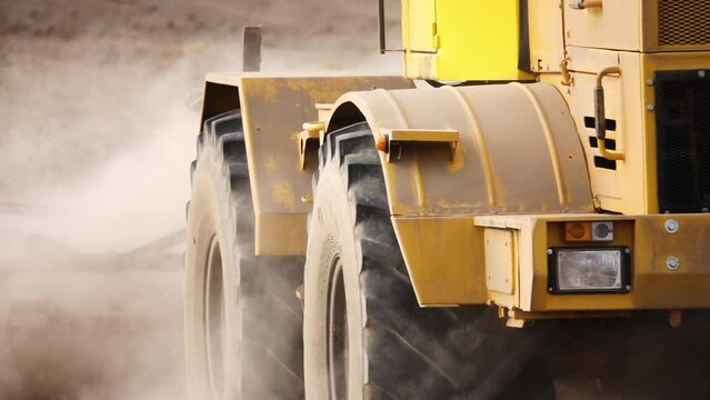 Agriculture: The tractor harrows and loosens the soil after harvest. Thick dust rises up.