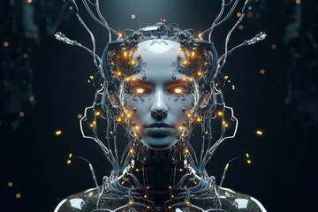 Futuristic design of an android head, with visible wires, connections, and nodes. The cybernetic elements are meticulously integrated, portraying a technological marvel and the convergence of human - obrazy, fototapety, plakaty