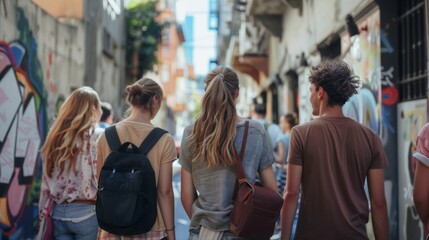 A group of friends walk down a busy alleyway backs turned to the camera as they chat and laugh together. . . - obrazy, fototapety, plakaty