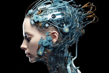 Obraz premium Futuristic design of an android head, with visible wires, connections, and nodes. The cybernetic elements are meticulously integrated, portraying a technological marvel and the convergence of human