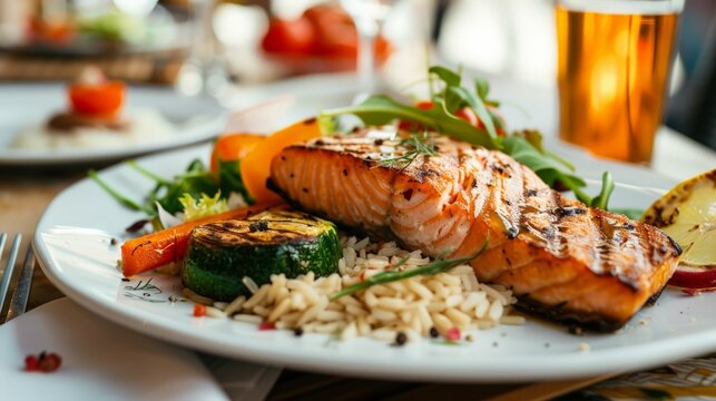 Grilled salmon fillet with brown rice, green salad and grilled vegetables served in a restaurant