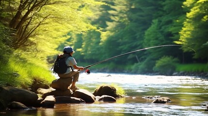 渓流で釣りをする日本人の男の子、川と自然の風景