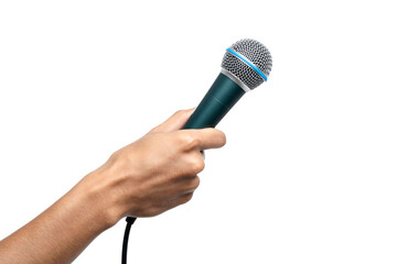 Man hand holding green dynamic microphone isolated on white background.
