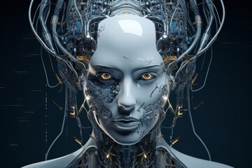 Futuristic design of an android head, with visible wires, connections, and nodes. The cybernetic elements are meticulously integrated, portraying a technological marvel and the convergence of human