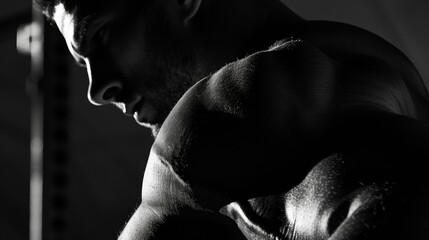 Light and shadows reveal the intricate details of his bicep showcasing the strength and definition. .