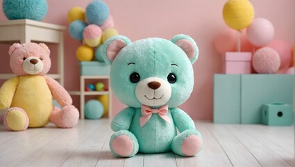 A plush children's toy is placed in the center, behind the background, with pastel shades.