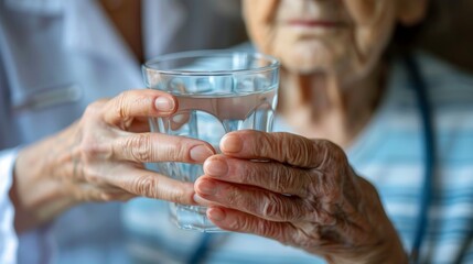 International Day of Older Persons. A nurse gives a glass of water to an elderly woman. Close up of hands.