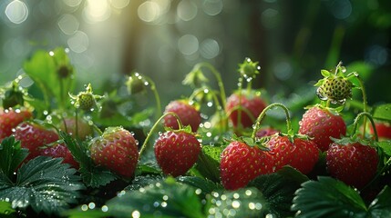 Plump, juicy strawberries, embellished with sparkling dew drops, recline upon verdant green foliage. Generative AI - obrazy, fototapety, plakaty