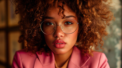 Close up portrait of mixed race woman with curly hair wearing fine eyeglasses and a pink suit. Businesswoman and female empowerment concept.