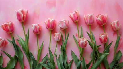 The background is pink with pink tulips. top view, flat lay. Valentine's Day history. horizontal, melodic