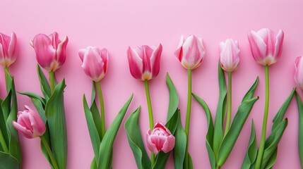 Fototapeta premium The background is pink with pink tulips. top view, flat lay. Valentine's Day history. horizontal, melodic