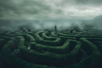 Journey of Solitude: A Metaphoric Interpretation of 'Nyasar' through a Labyrinth Scene - obrazy, fototapety, plakaty