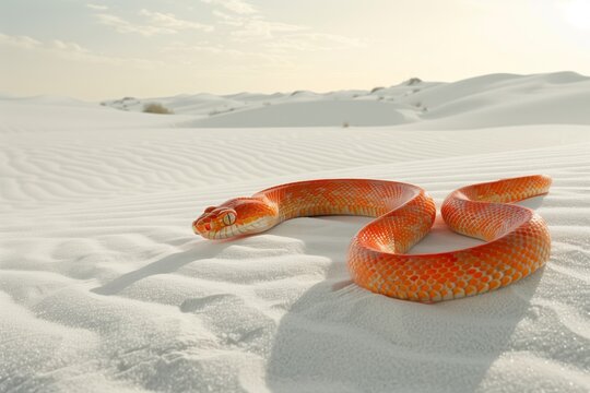 an orange snake on the snow-white sand