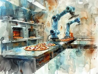 In a watercolor painting, robot chefs with robotic arms skillfully prepare and bake pizzas in an automated kitchen with precision oven.