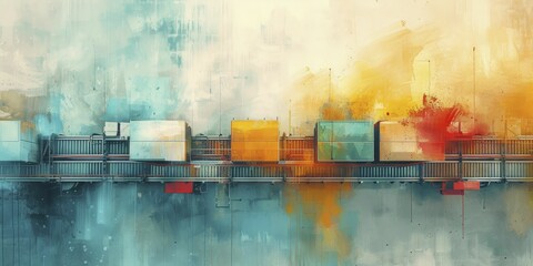 In the watercolor painting, parcels glide on conveyors in a vibrant sorting center with eye-catching package colors from a top-down view.