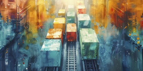An array of parcels gliding on conveyors, showcasing vibrant hues in a mesmerizing watercolor depiction from above.