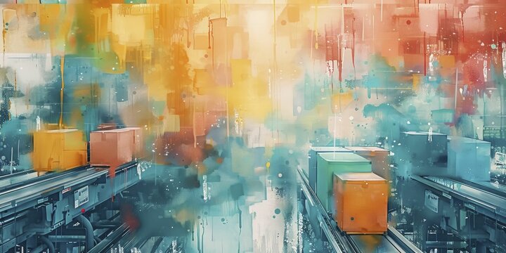 Automated sorting center with parcels moving on conveyors, top-down view, vibrant package colors, watercolor painting.