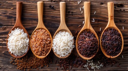 Variety type and color of rice ; paddy rice, riceberry ,brown coarse rice and white thai jasmine rice in wooden spoon isolated on old rustic wood table background. Healthy food concept. Flat lay. - obrazy, fototapety, plakaty
