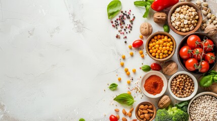 Vegetarian food including vegetables, nuts and legumes with copy space on white background.