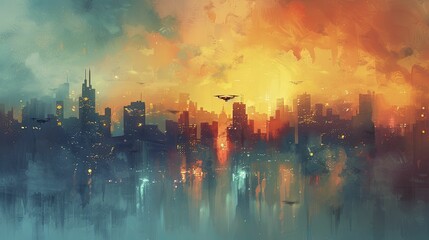 In a watercolor painting, drones zip through a neon-lit cityscape with reflective surfaces, delivering packages seamlessly.