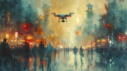 Futuristic cityscape with drones delivering packages, neon lights and reflective surfaces, watercolor painting. - obrazy, fototapety, plakaty