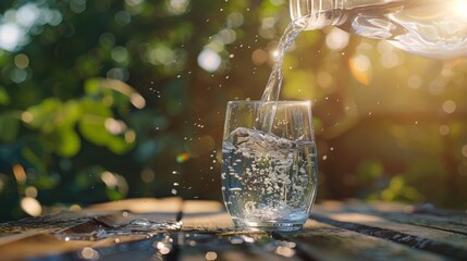 Water in jug poured into glass on wood with nature background. World Water Day - obrazy, fototapety, plakaty
