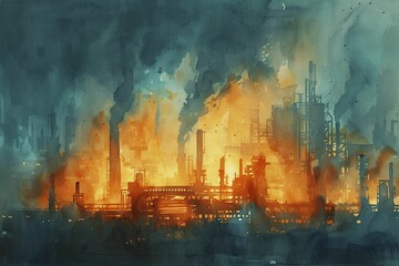 Capturing the essence of industry, a watercolor masterpiece depicts a modern steel factory in fiery hues and deep shadows with molten metal pouring.
