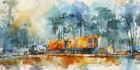 Efficiently assembling pre-built sections at a modular housing construction site, enhanced by captivating watercolor painting.