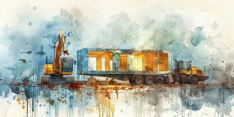 Efficient building techniques merge with watercolor painting at a modular housing construction site with pre-built sections being assembled.