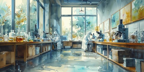 Nanotechnology lab with scientists using microscopes, ultra modern equipment, watercolor painting. - obrazy, fototapety, plakaty
