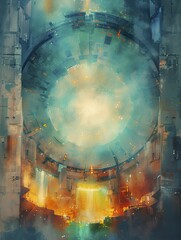 A mesmerizing watercolor captures a nuclear reactor's core, aglow with visible rods under a cool blue ambient light.