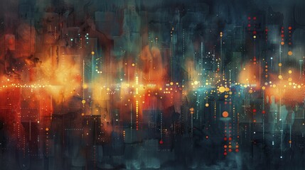Quantum computer with glowing qubits, abstract light patterns emphasizing futuristic technology, watercolor painting. - obrazy, fototapety, plakaty