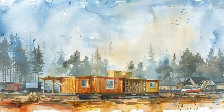 Modular housing construction site with pre-built sections being assembled, efficient building techniques, watercolor painting
