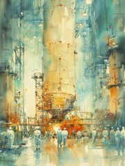 A watercolor masterpiece depicts engineers in clean suits assembling satellites in a pristine facility under high key lighting.