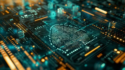 A computer identifies and measures the fingerprint on the digital surface. - obrazy, fototapety, plakaty