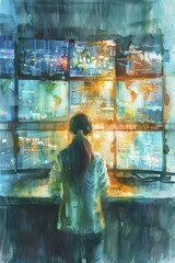 Smart city surveillance center with live feeds and data analytics, operators focusing on screens, watercolor painting. - obrazy, fototapety, plakaty