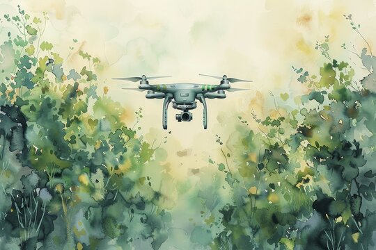 Smart agriculture drone flying over a lush field, top view with patches of crops visible, watercolor painting.
