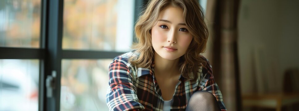  Japanese woman in her thirties, sitting down wearing tights and a plaid shirt, with light brown hair,